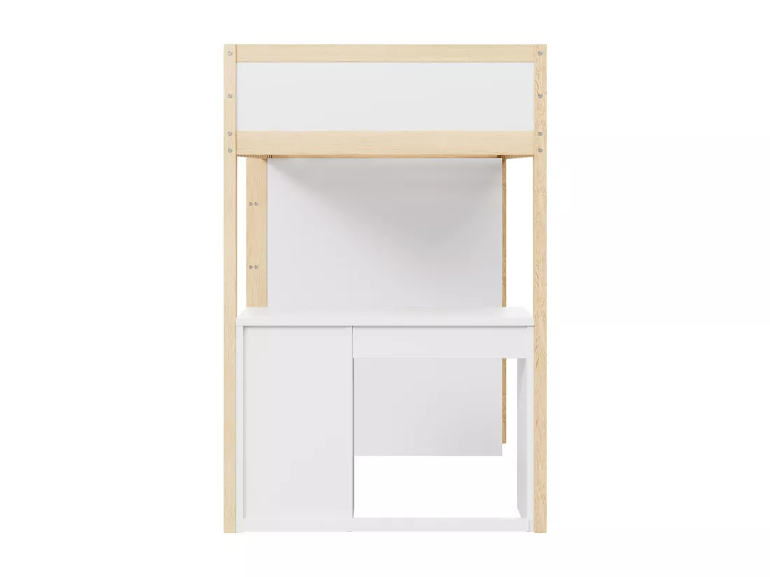 Lit mezzanine 90 x 200 cm avec armoires de rangement et table d'ordinateur, lit mezzanine enfant multifonctionnel en bois naturel