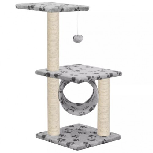 Arranhador para gatos com postes de sisal e estampa de patas cinza.