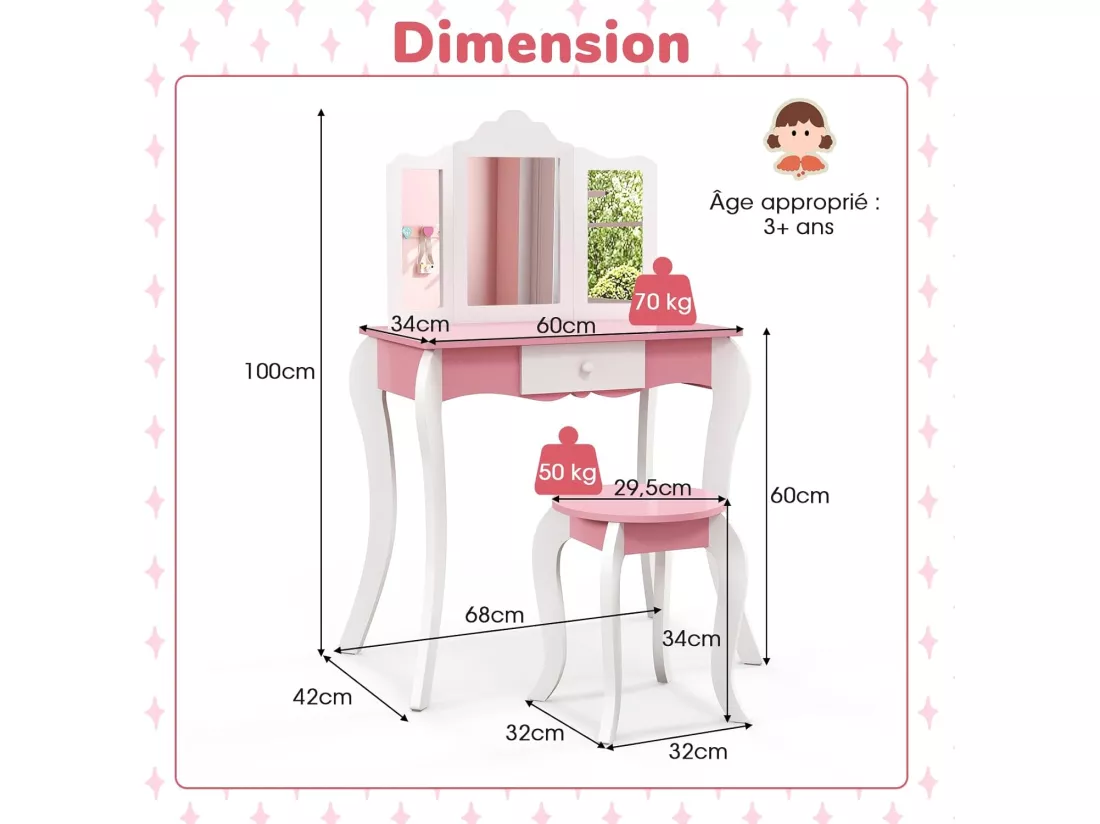 2 en 1 Coiffeuse Enfants avec Tabouret & Miroir Amovible à 3 Volets, Table de Maquillage avec Tiroir & Dispositif Anti-basculement, Charge 70/50kg pour Enfants de 3 Ans+