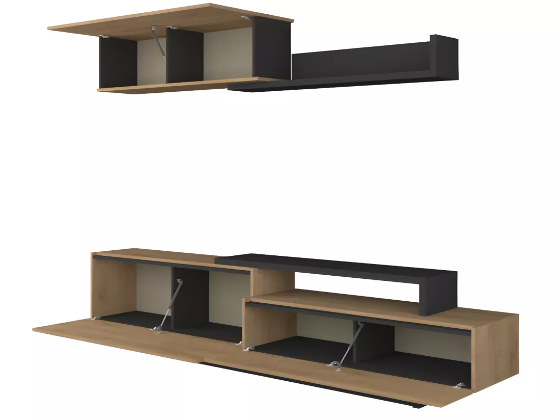 Mur TV MONTY avec rangements - Coloris chêne & anthracite