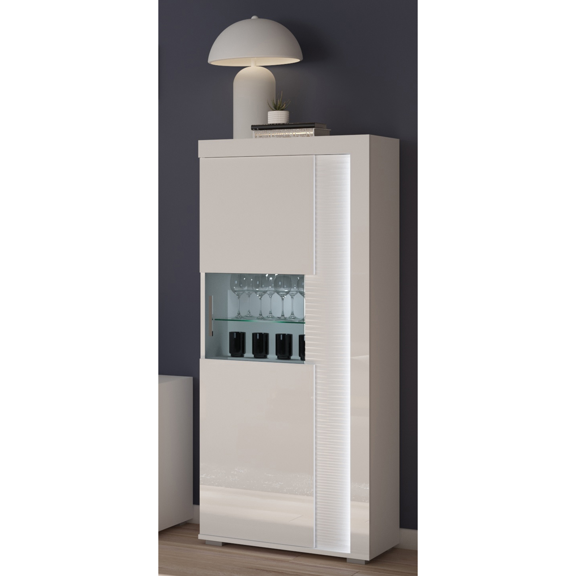 Vitrine SKYLIGHT halbhoch - weiß Hochglanz - mit Beleuchtung - 148 cm hoch