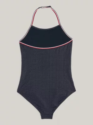 Maiô de uma peça com estampa de listras globais e decote halter