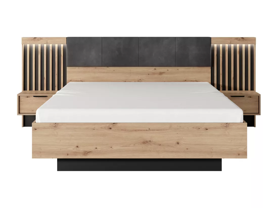 Ensemble lit avec chevets 160 x 200 cm + Sommier + Commode + Armoire - Coloris : Naturel et noir - ARIADA