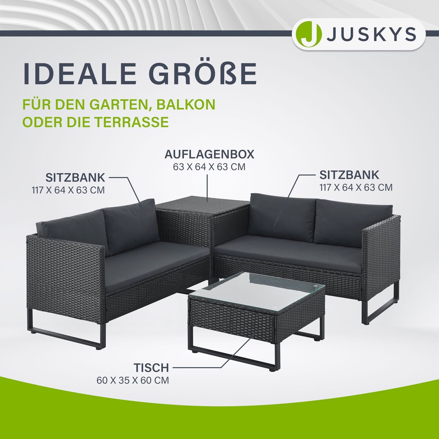 Juskys Polyrattan Lounge Santorini - Outdoor Sitzecke mit Beistelltisch & Auflagenbox - Schwarz