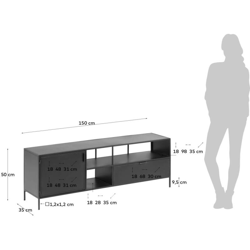 Meuble TV Shantay 1 porte et 1 tiroir en métal avec finition noire 150 x 50 cm