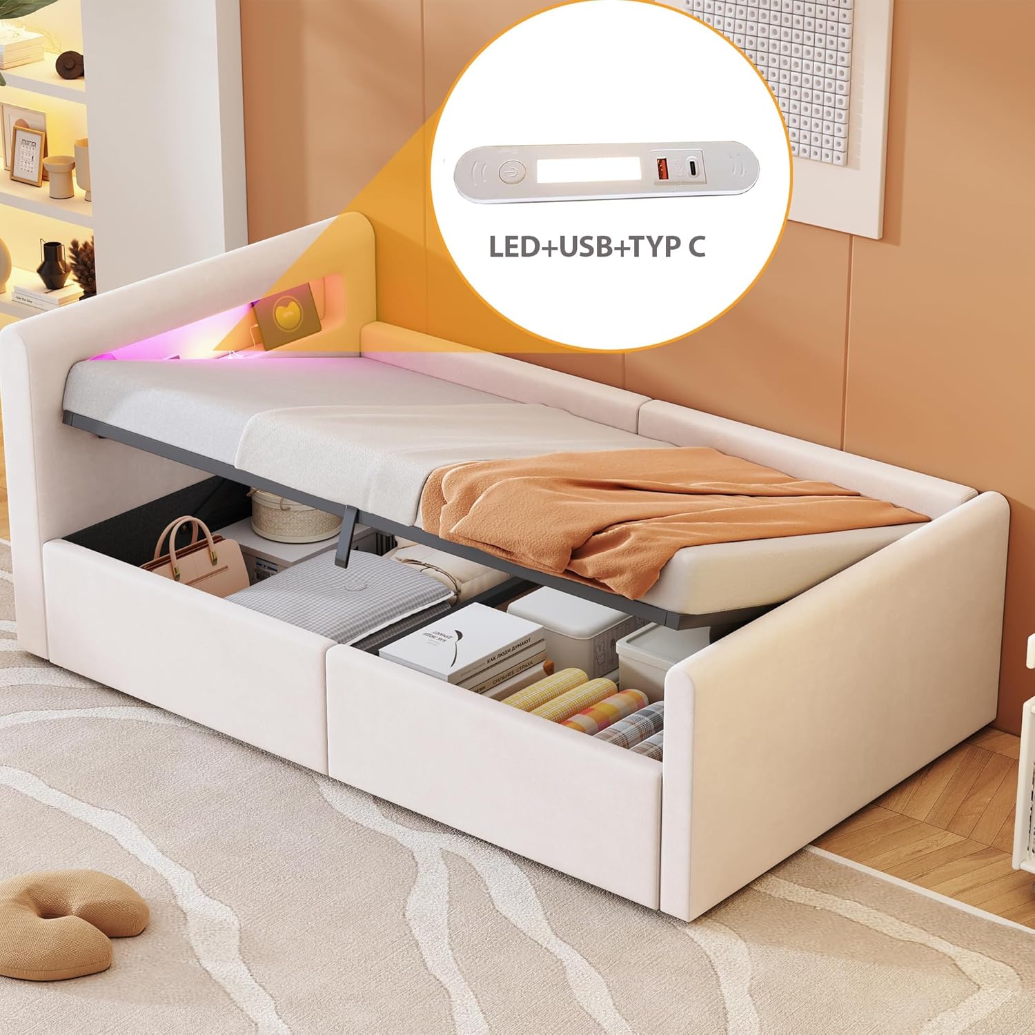 okwish Polsterbett Kinderbett 90x200 cm, Jugendbett mit hydraulischem Stauraum, LED Nachtlicht & USB-Anschluss, Samtstoff, Beige, ohne Matratze