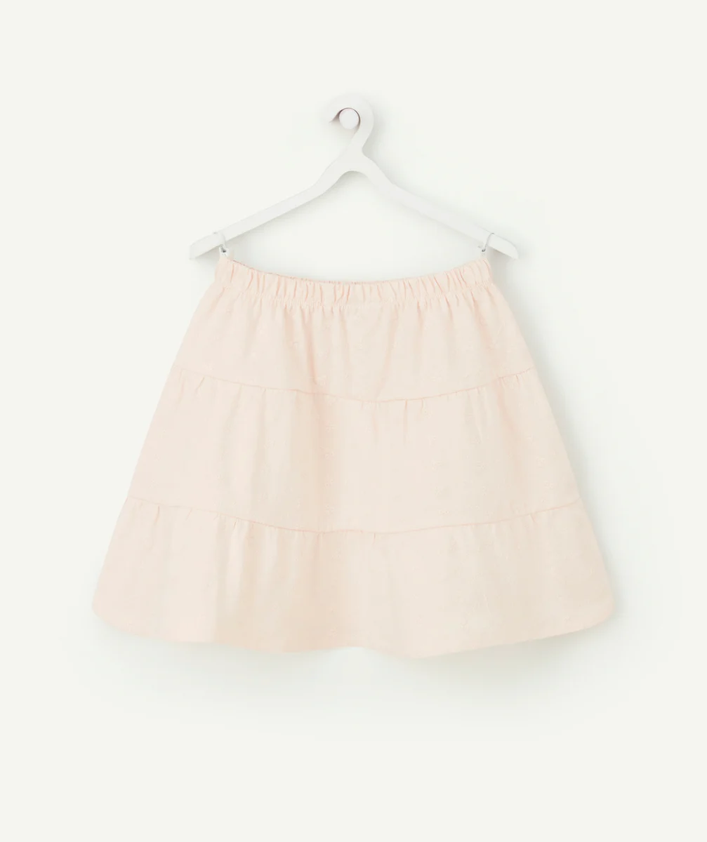JUPE FILLE EN COTON ROSE PÂLE AVEC BRODERIES ET VOLANTS