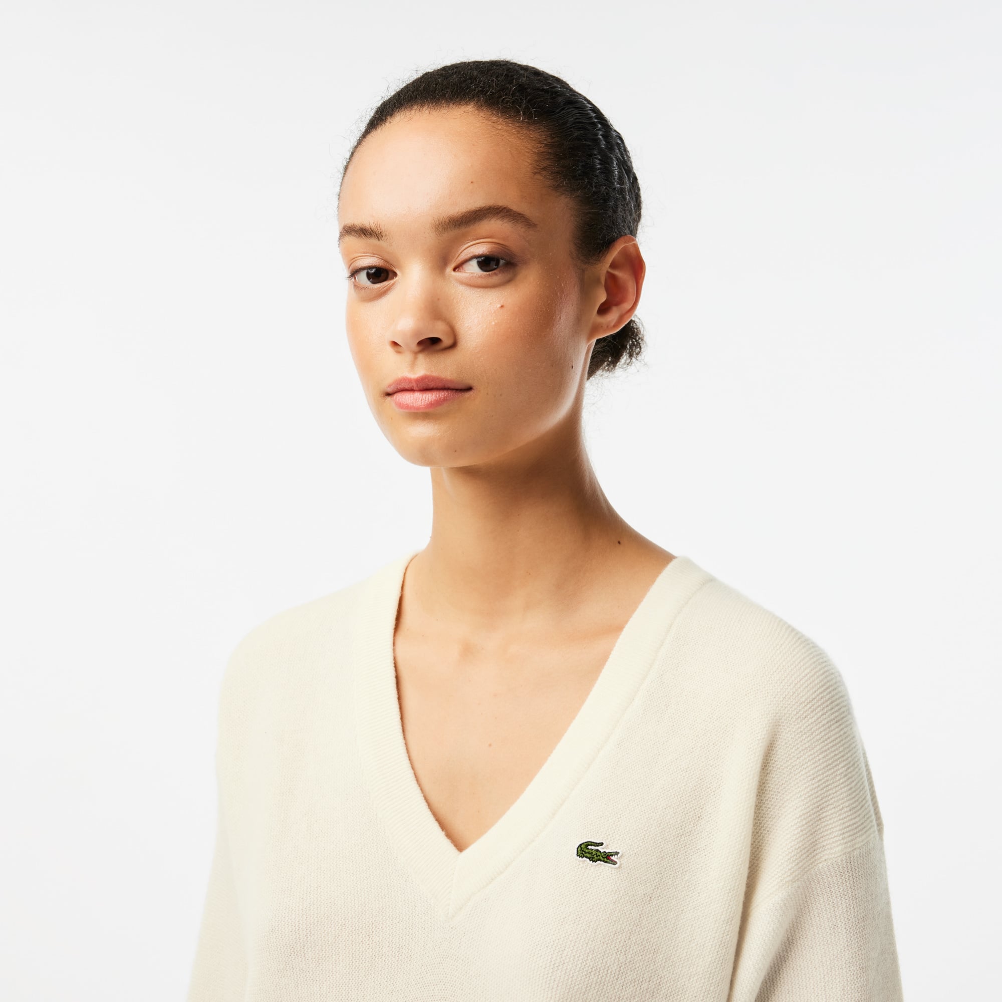 Pull femme Lacoste col en V uni en laine Pullovers - Blanc - Lacoste - Femme