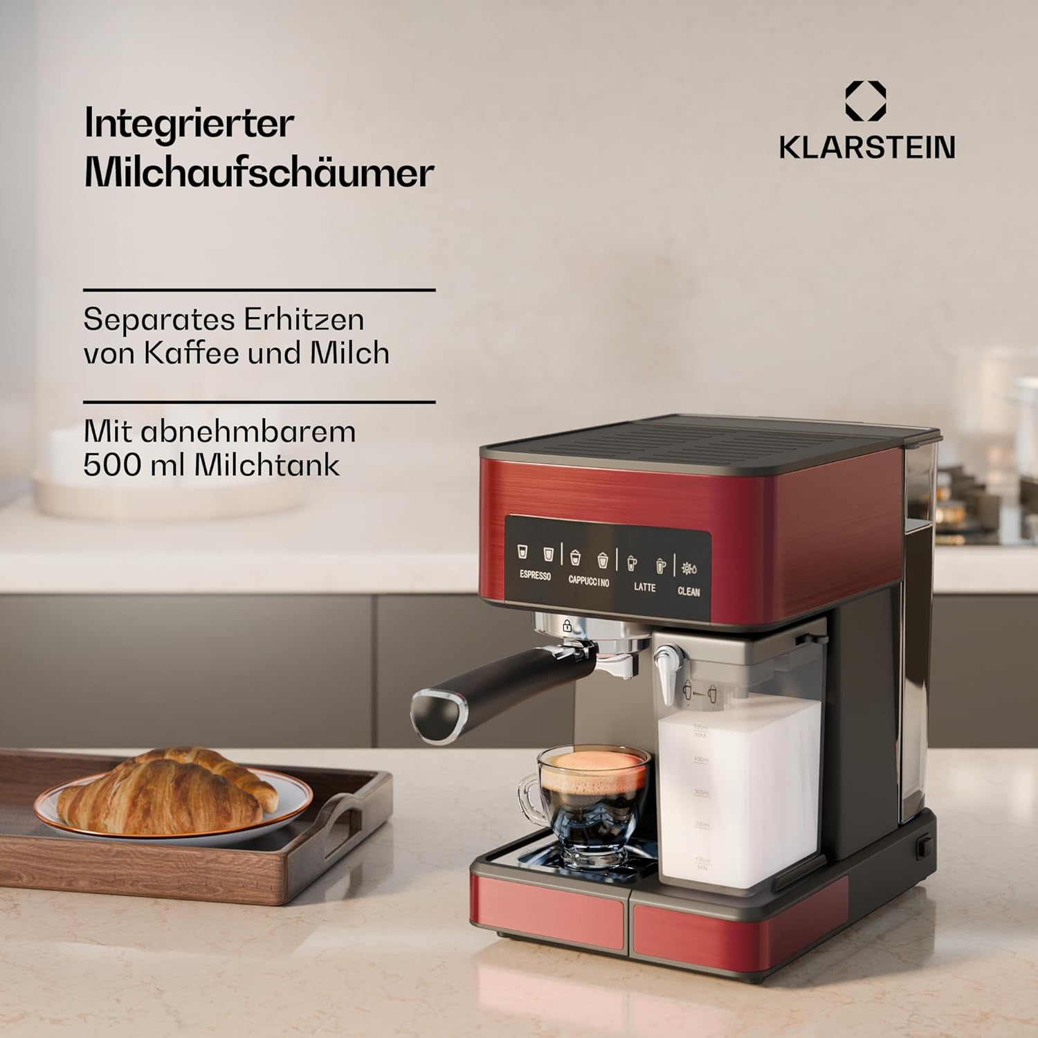 Klarstein Arabica Comfort Siebträgermaschine – 20-Bar, 1350W, Mit Milchaufschäumer, Für Gemahlenen Kaffee & Pads, 1,8L Wassertank, Touch-Bedienfeld, Abnehmbarer Milchtank, Aufschäumdüse aus Edelstahl