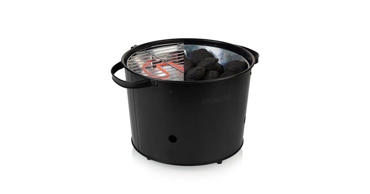 Princess112240 Hybrid Bucket Barbecue | Elektrisch | Houtskool  (Zwart, Ø 32 cm | incl. luxe bamboe serveer- en snijplank)
