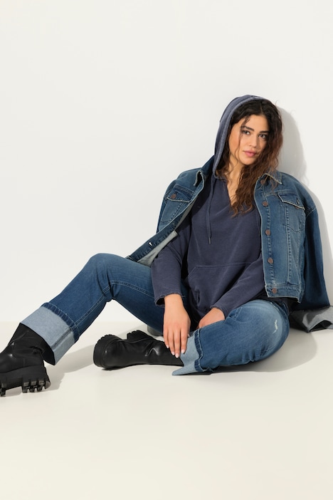 Hoodie, offenkantig, Kapuze, V-Ausschnitt, Langarm