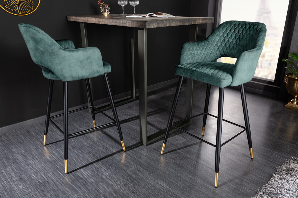 Design Barhocker PARIS petrol Samt Ziersteppung Fußkappen gold mit Armlehnen