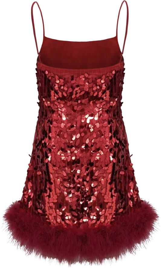 OW Collection LUNA Sequin Feather Dress Bordeaux