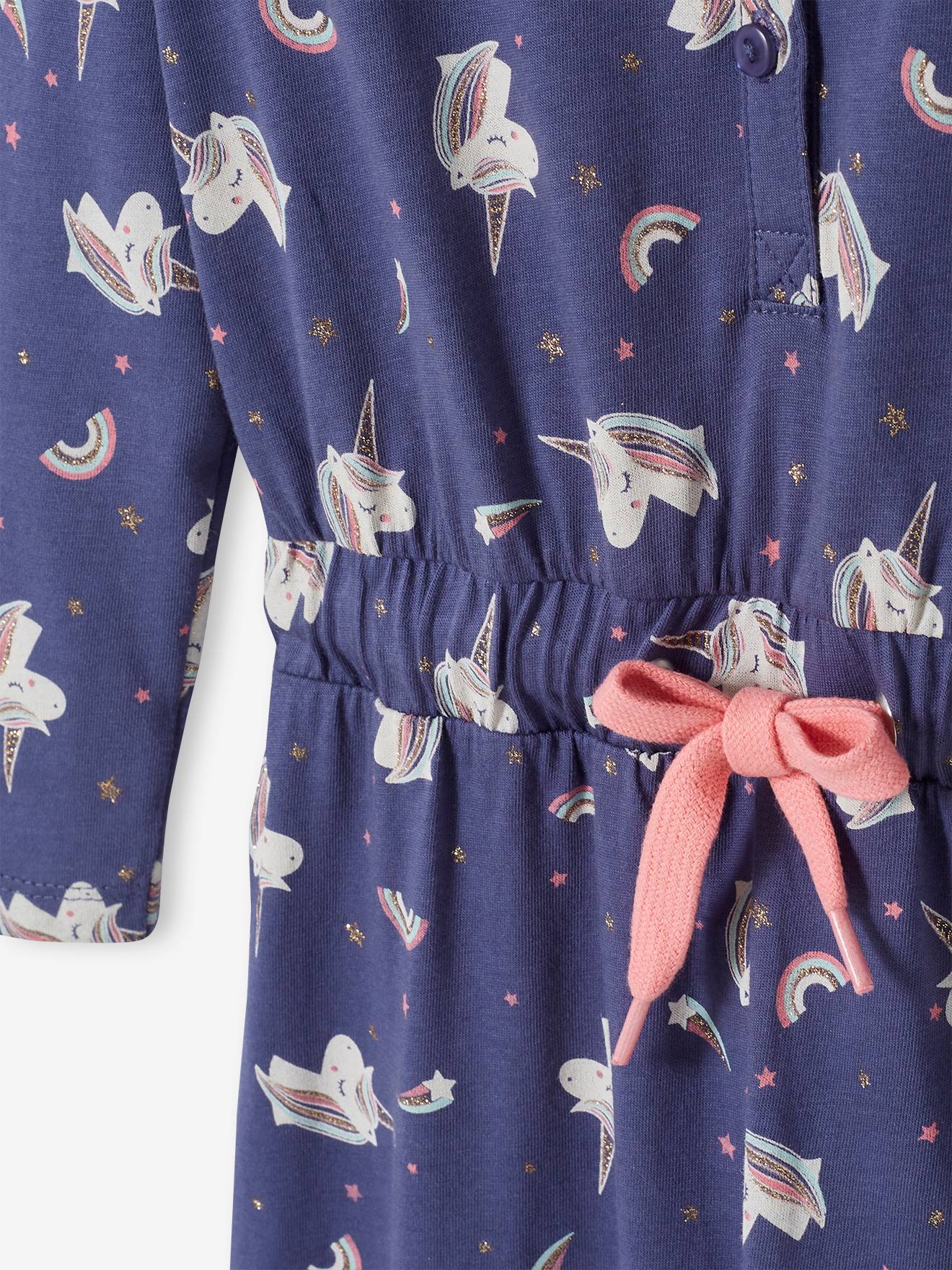 Pijama macacão unicórnio, tamanho médio infantil, azul liso com estampas.