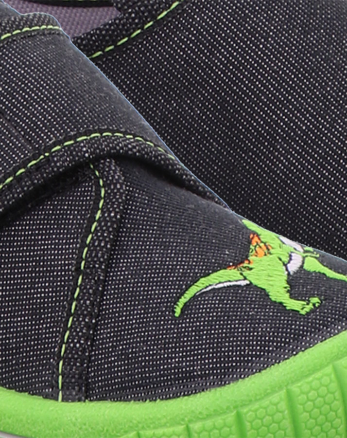 Hausschuhe BILL – DINO mit Klett in schwarz/grün