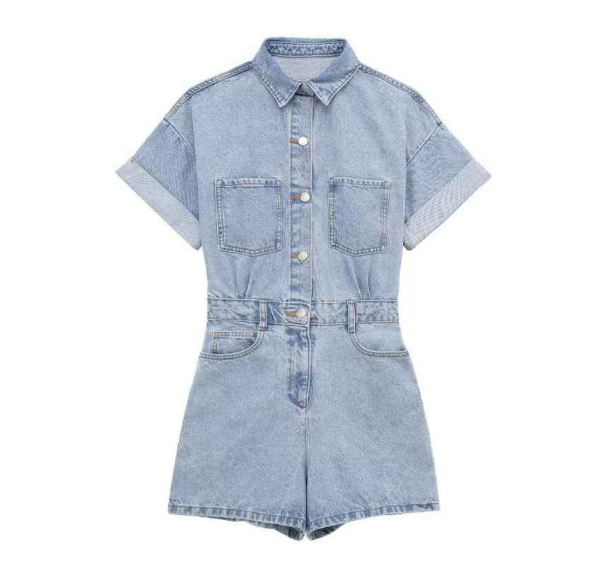 Indesi - Denim romper met korte mouwen, kraag en knoopjes