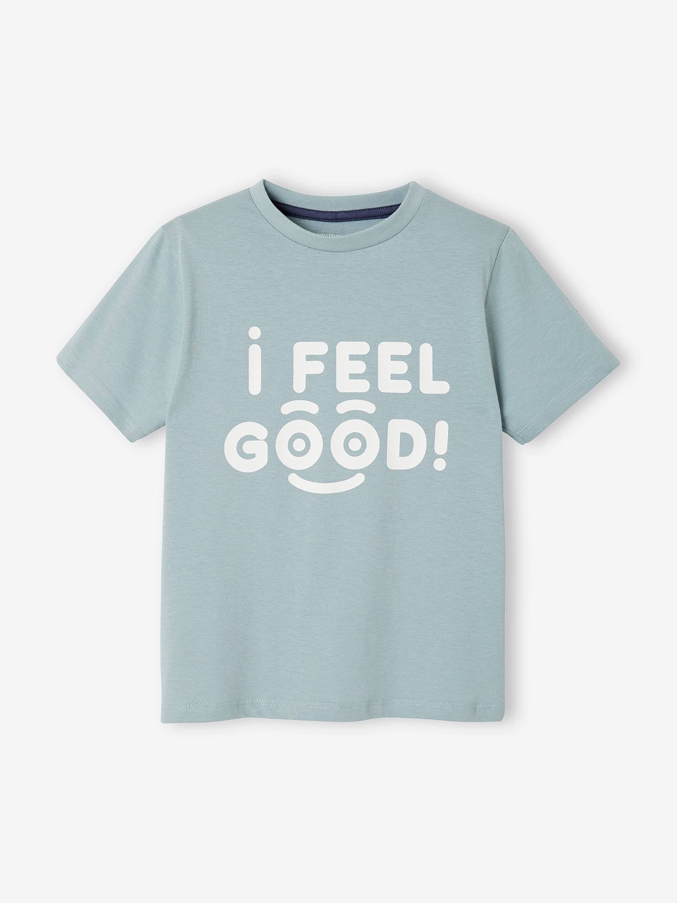 Camiseta de manga curta com mensagem para meninos, lisa, azul claro com estampas.