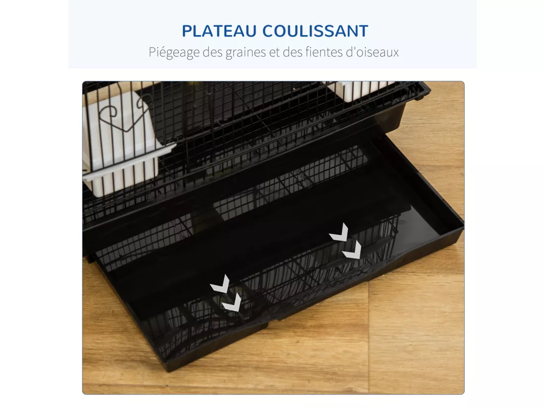 Cage à oiseaux volière dim. 46L x 36l x 100H cm - 4 mangeoires, 3 perchoirs, balançoire, 2 portes, 9 trappes, échelle, 2 jouets suspendus, plateau déjection - PP acier noir