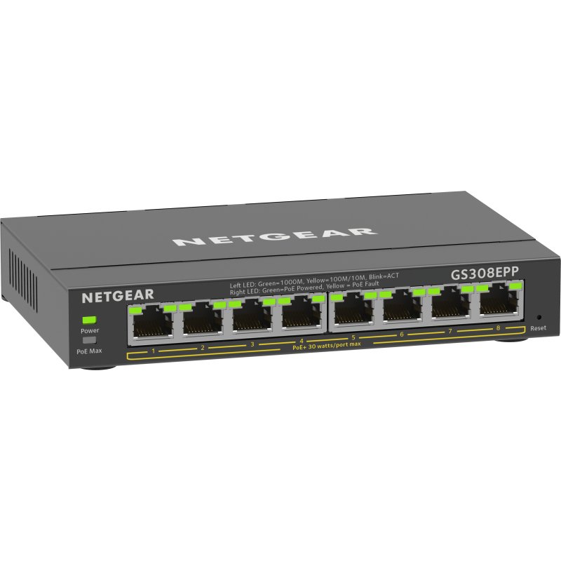 NETGEAR 8-Port Gigabit Ethernet High-Power PoE+ Plus Switch (GS308EPP) Géré L2/L3 Gigabit Ethernet (10/100/1000) Connexion Ethernet, supportant l'alimentation via ce port (PoE) Noir