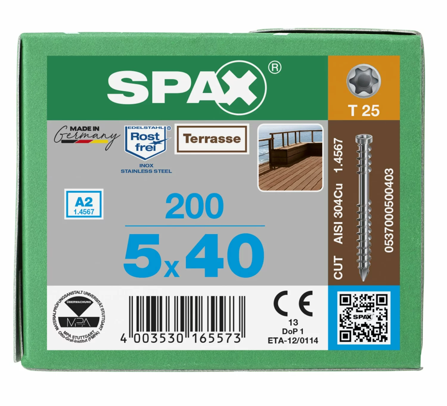 SPAX 537000500403 Terrasschroef, Cilinderkop, 5 x 40, Fixeerschroefdraad, T-STAR plus TX25 - blank - 200 stuks