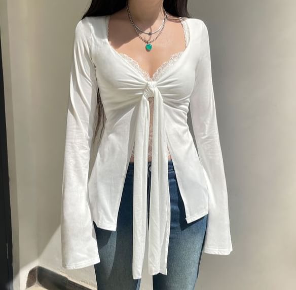 Honet - Crop top met lange mouwen, V-hals en strik aan de voorkant