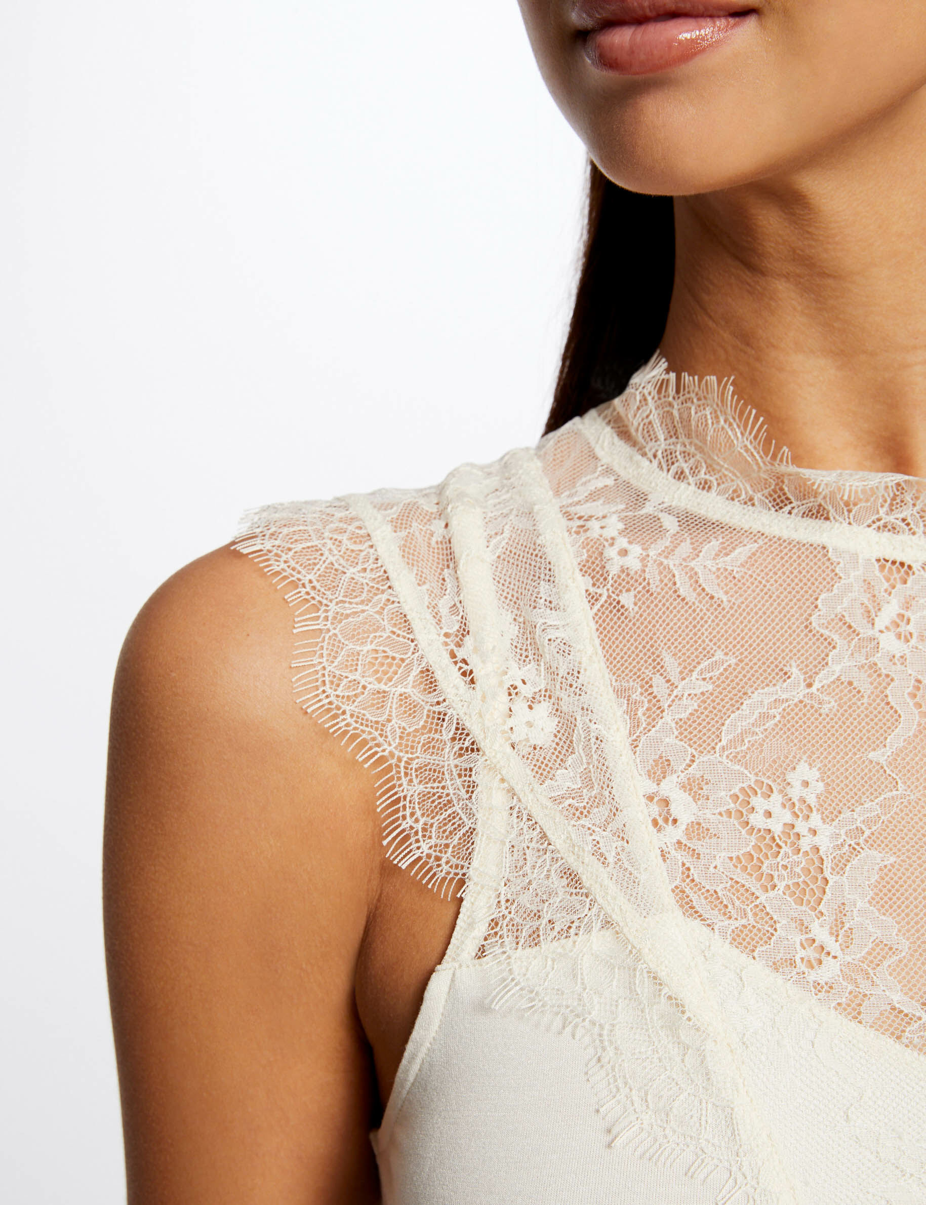 T-shirt manches courtes à dentelle ecru moyen femme - ecru_moyen