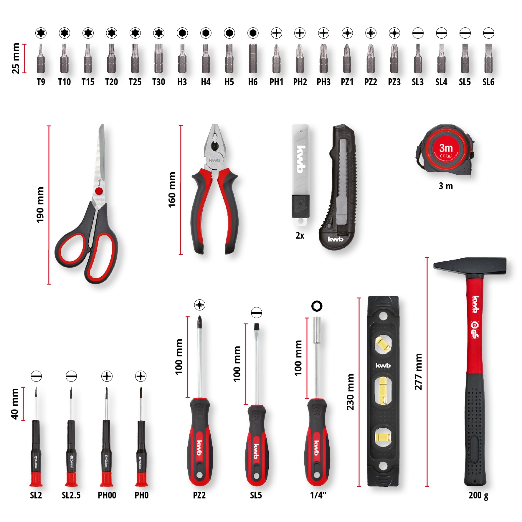kwb Werkzeugkoffer, 35-tlg., Werkzeug-Set, Werkzeugkasten (Basisausstattung für den Haushalt mit Schraubendrehern, Bits, Kombizange, Maßband, Hammer, Schere, Wasserwaage, Abbrechklingenmesser, usw.)