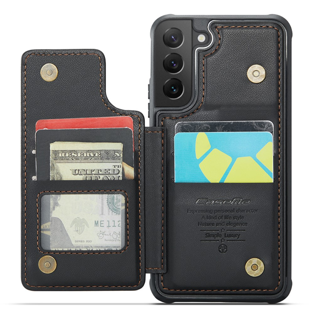 Samsung Galaxy S22 5G Leder Hülle mit Kartenfächern im Litchi Look   Kickstand (RFID Schutz) - Schwarz