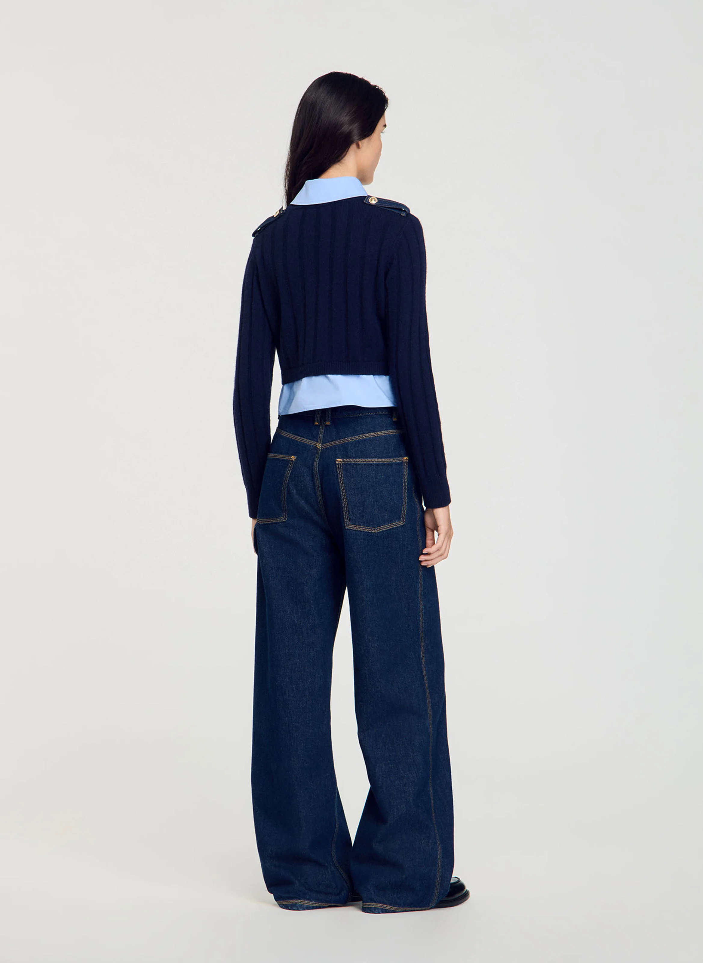 Pull col classique droit en laine et cachemire| Bleu