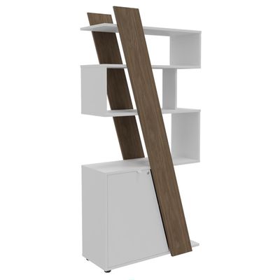 Bibliothèque KHEOPS - porte à gauche - structure blanc perle - finition imitation noyer
