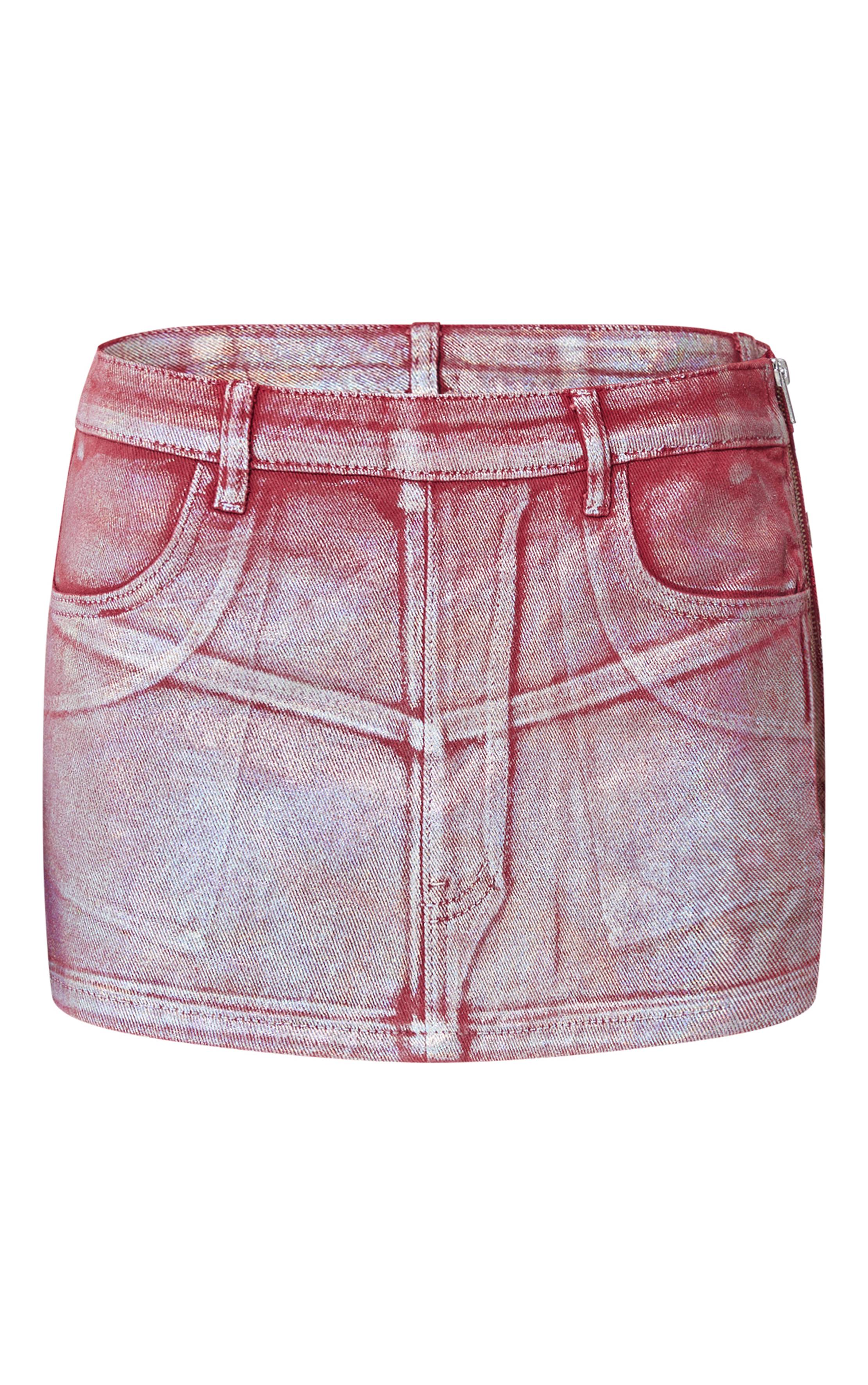 Cherry Red Jupe Micro Mini En Denim Effet Feuille Métallisée Argentée