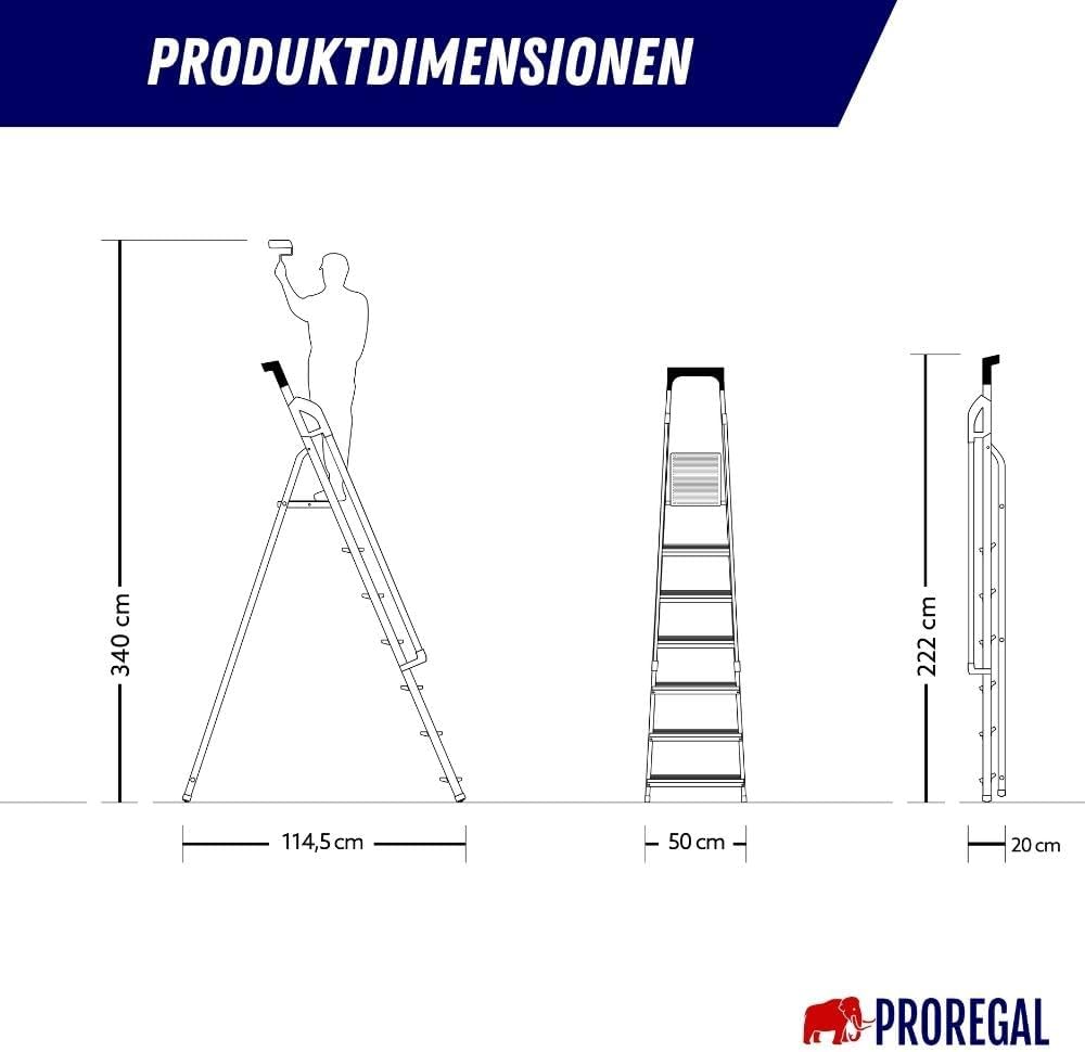 PROREGAL Trapladder met gereedschapsplank en leuning Economy Basic Enkelzijdige toegang 7 treden Werkhoogte 3,40 m Draagvermogen 150 kg