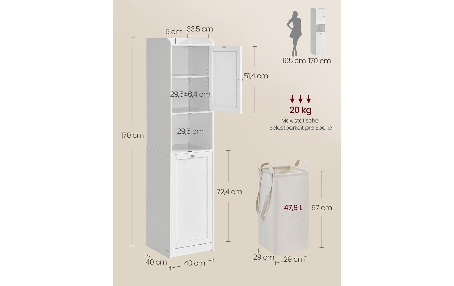 Badezimmerregal 40 x 170 cm, Weiss<br>Badezimmerschrank mit Wäschekorb