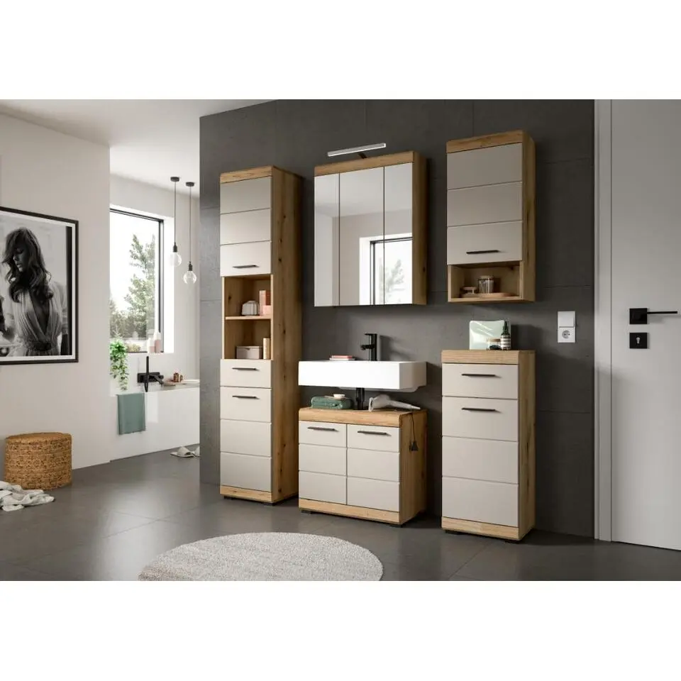 Hioshop Scout spiegelkast inclusief verlichting 3 spiegeldeuren eiken decor