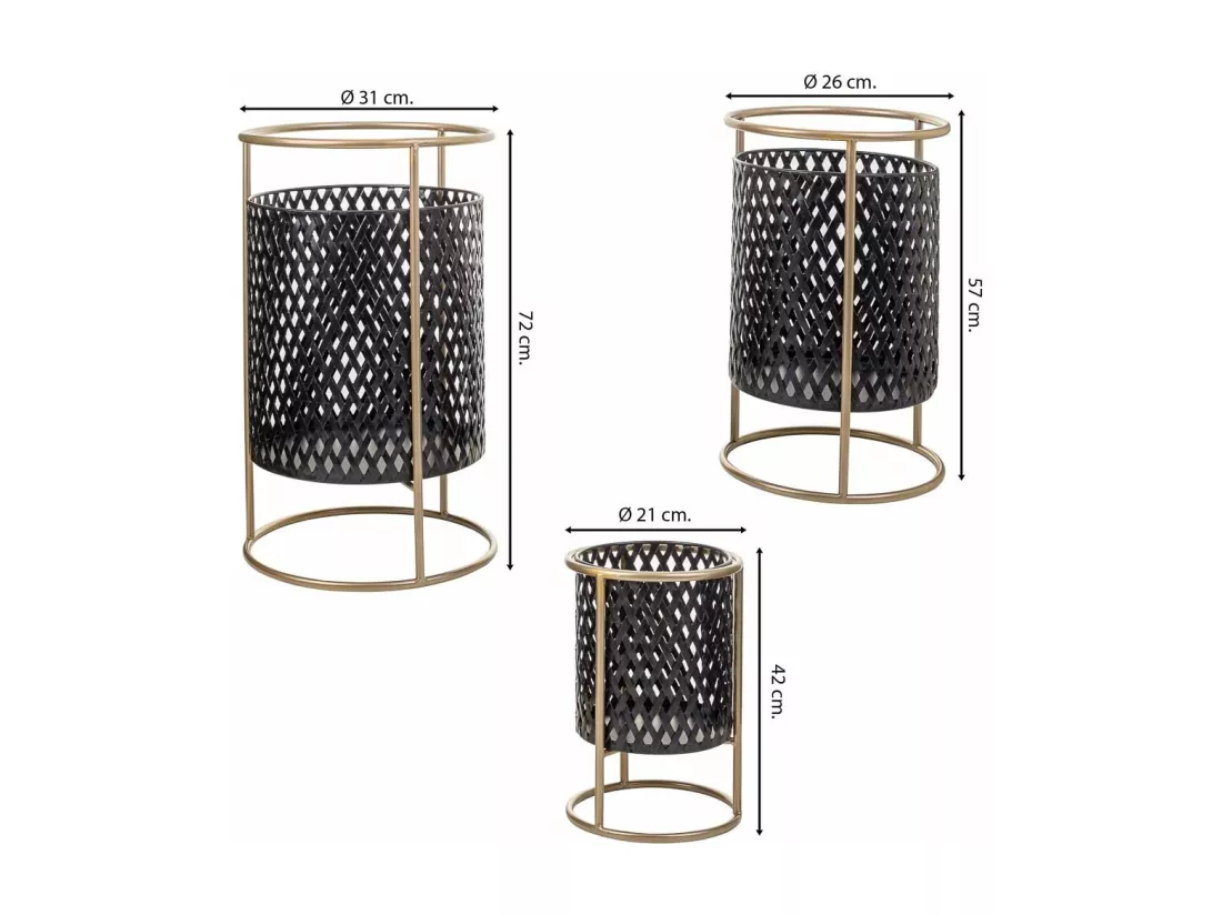 Lot de 3 jardinières en métal avec support en métal noir 31x31x72h-26x26x57h-21x21x42h cm
