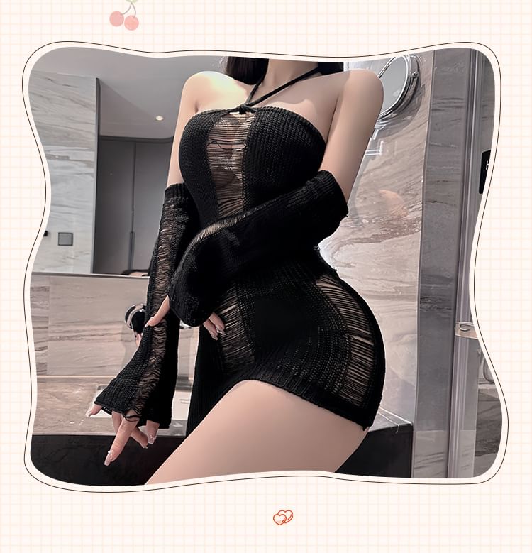 Candyiry - Lingerieset: halterjurk met distressed breisel + mouwtjes