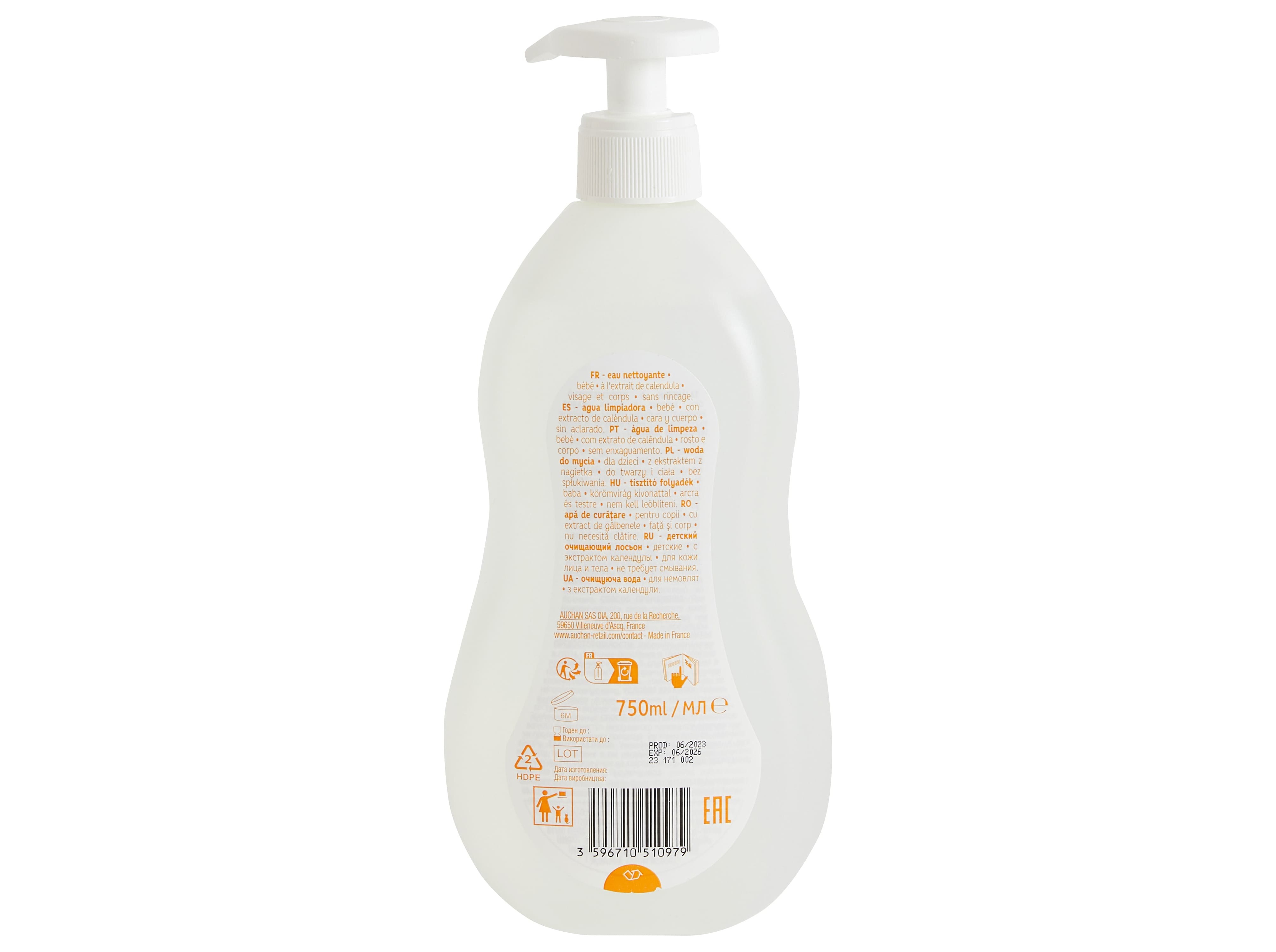ÁGUA LIMPEZA AUCHAN BABY PUMP COM CALÊNDULA 750ML
