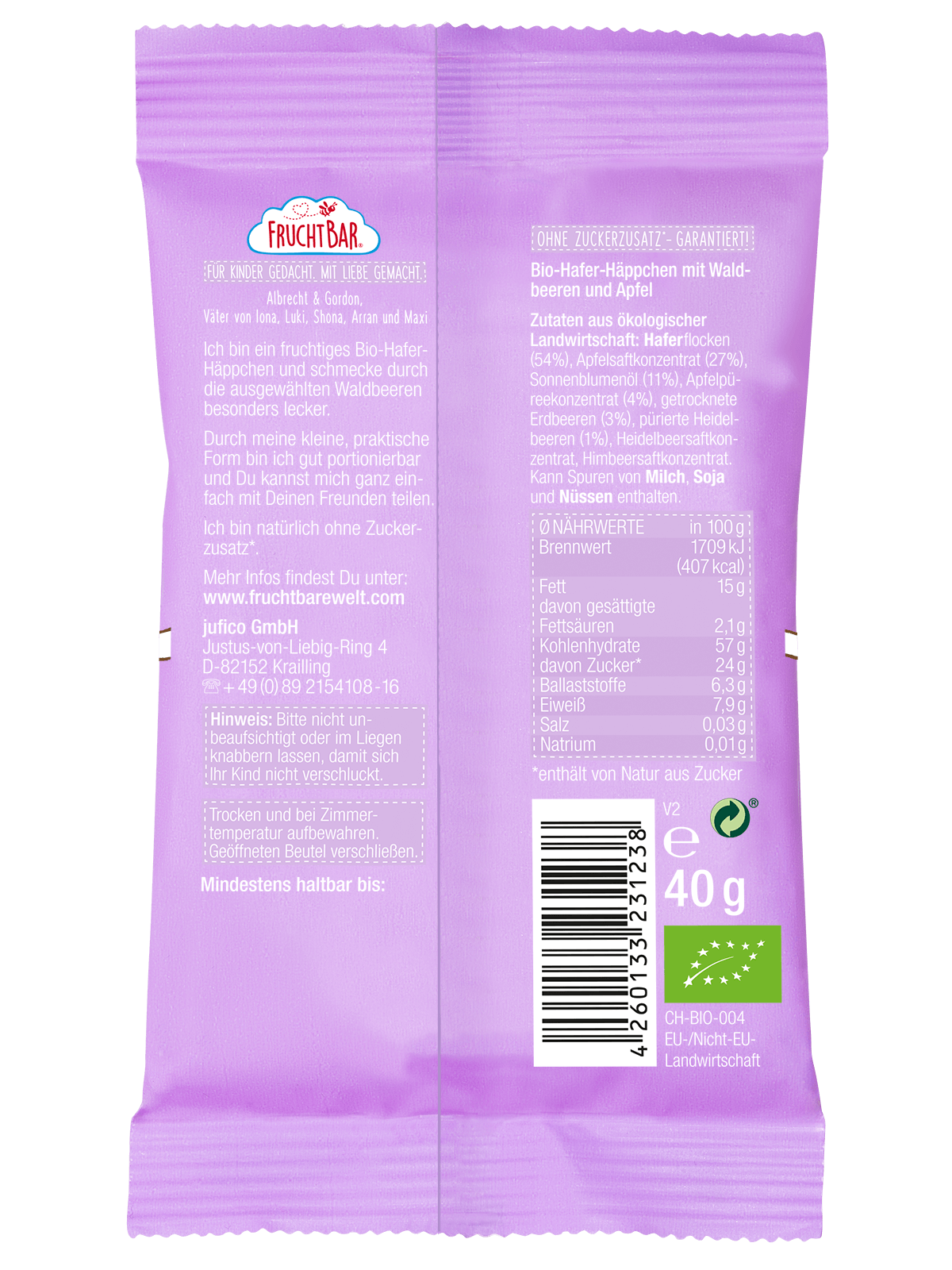 FRUCHTBAR Hafer Häppchen<br>40 g, Bio Waldbeeren Apfel Hafer