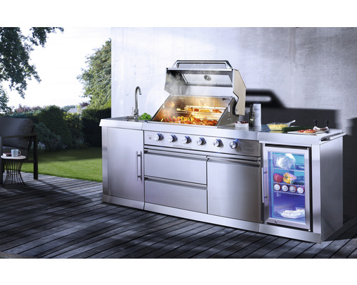 Buschbeck Oxford gasgrill buitenkeuken met 4 branders, zijbrander, RVS rooster, spoelbak met kraan en koelkast