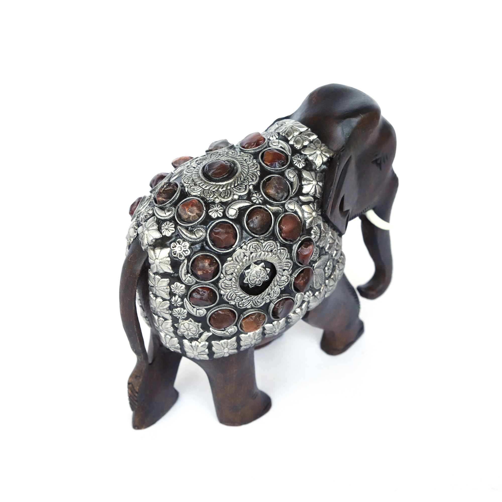 Elefant aus Holz mit Metall- & Steinbesatz, braun, silber, B 16 cm, H 15 cm, T 8 cm von fischer's lagerhaus