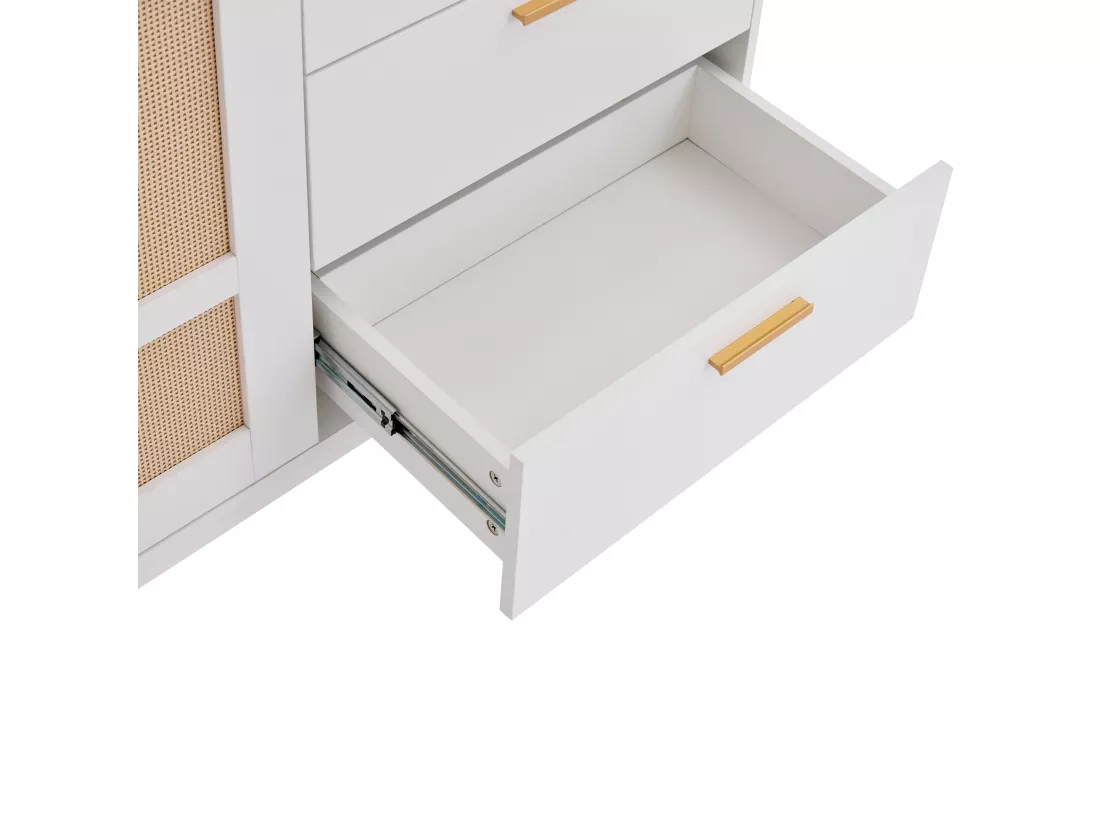 Buffet 160x40x87cm - avec 2 portes en rotin et 3 tiroirs - Blanc