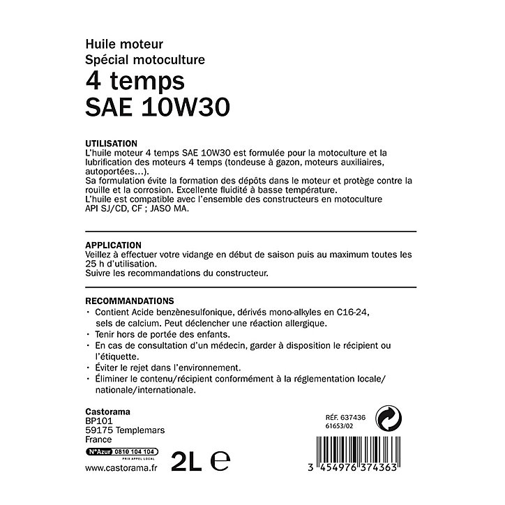 Huile moteur spécial motoculture 4 temps SAE 10W30 2L