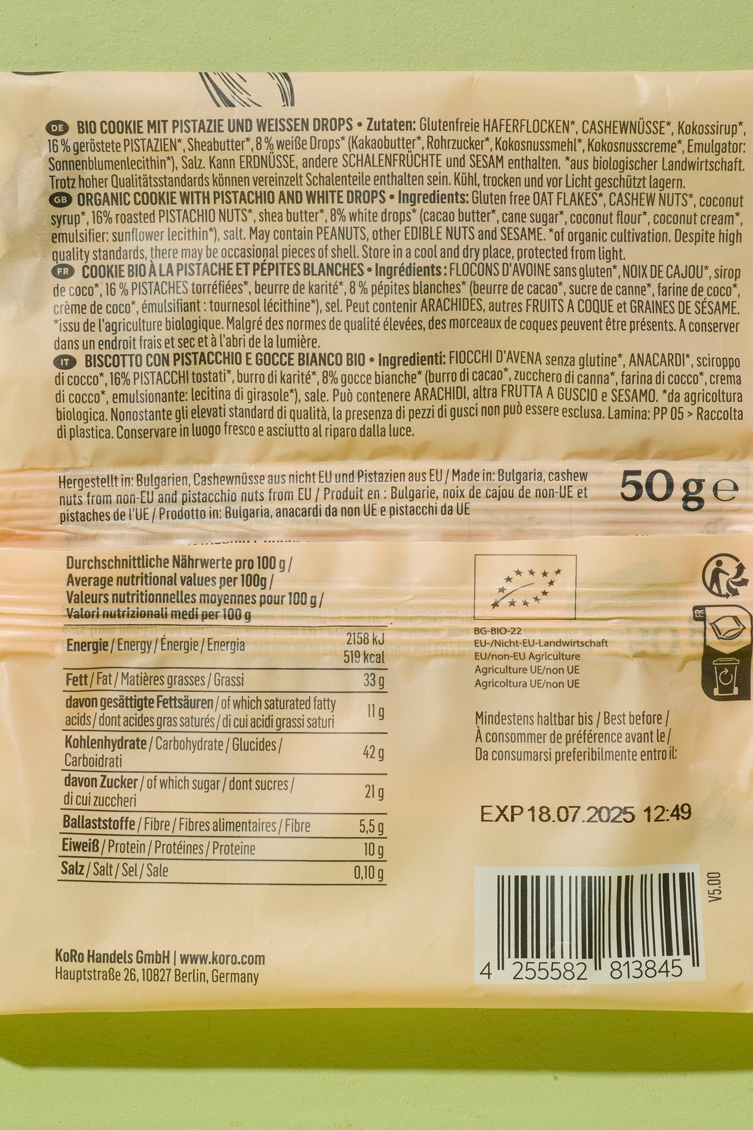 Bio Cookie mit 16 % Pistazie 50 g
