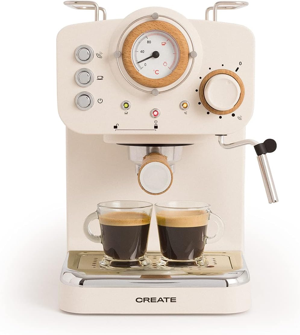 CREATE / THERA MATT RETRO/Espressomaschine Cremeweiß Matt und Holz/Halbautomatisch, mit einer 15 bar Druckpumpe und 1100W, 1,25L Wasserbehälter, für gemahlenen Kaffee, 55 mm. ESE- Pads