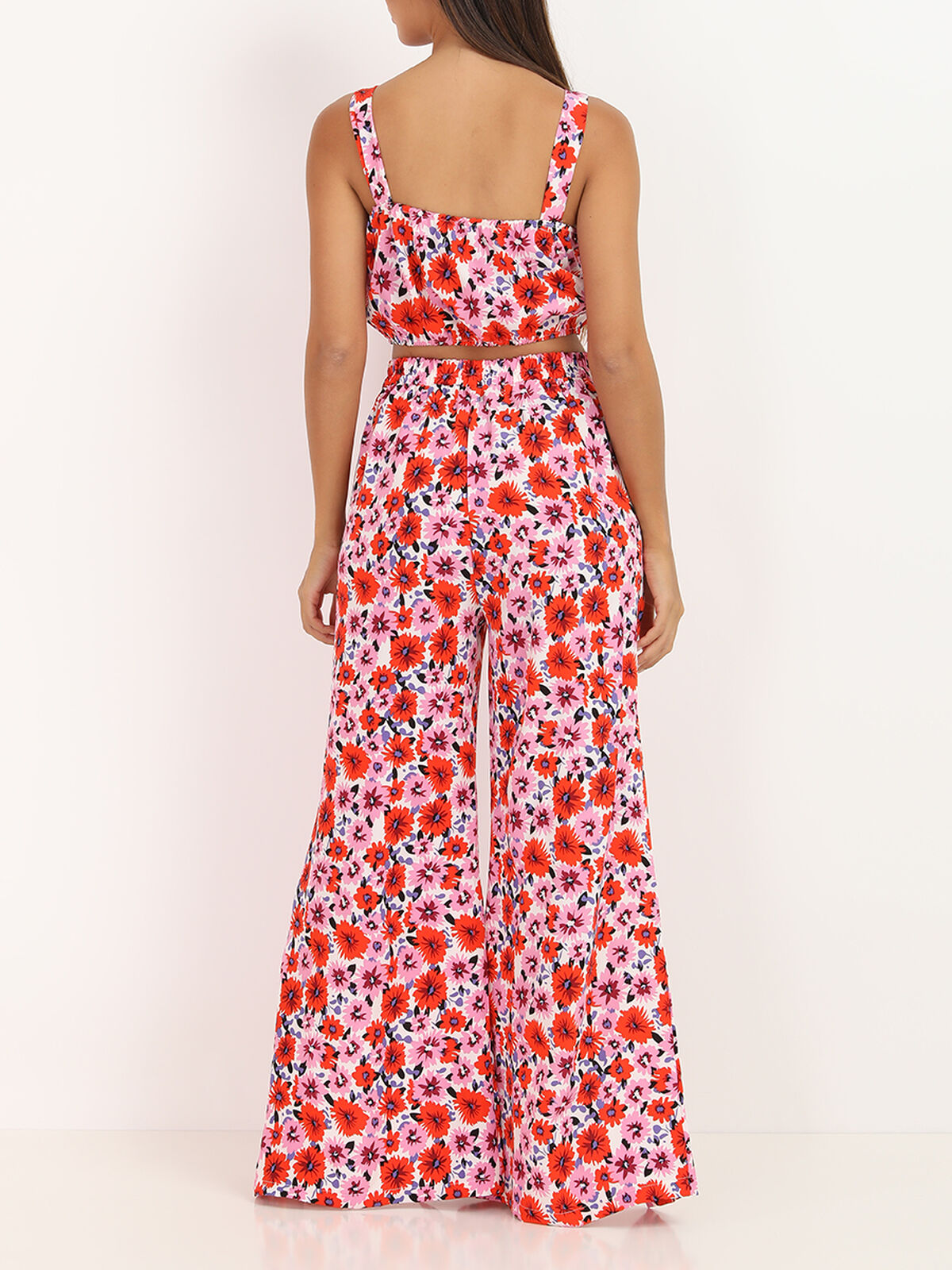 Ensemble pantalon crop top à fleurs- Blanc