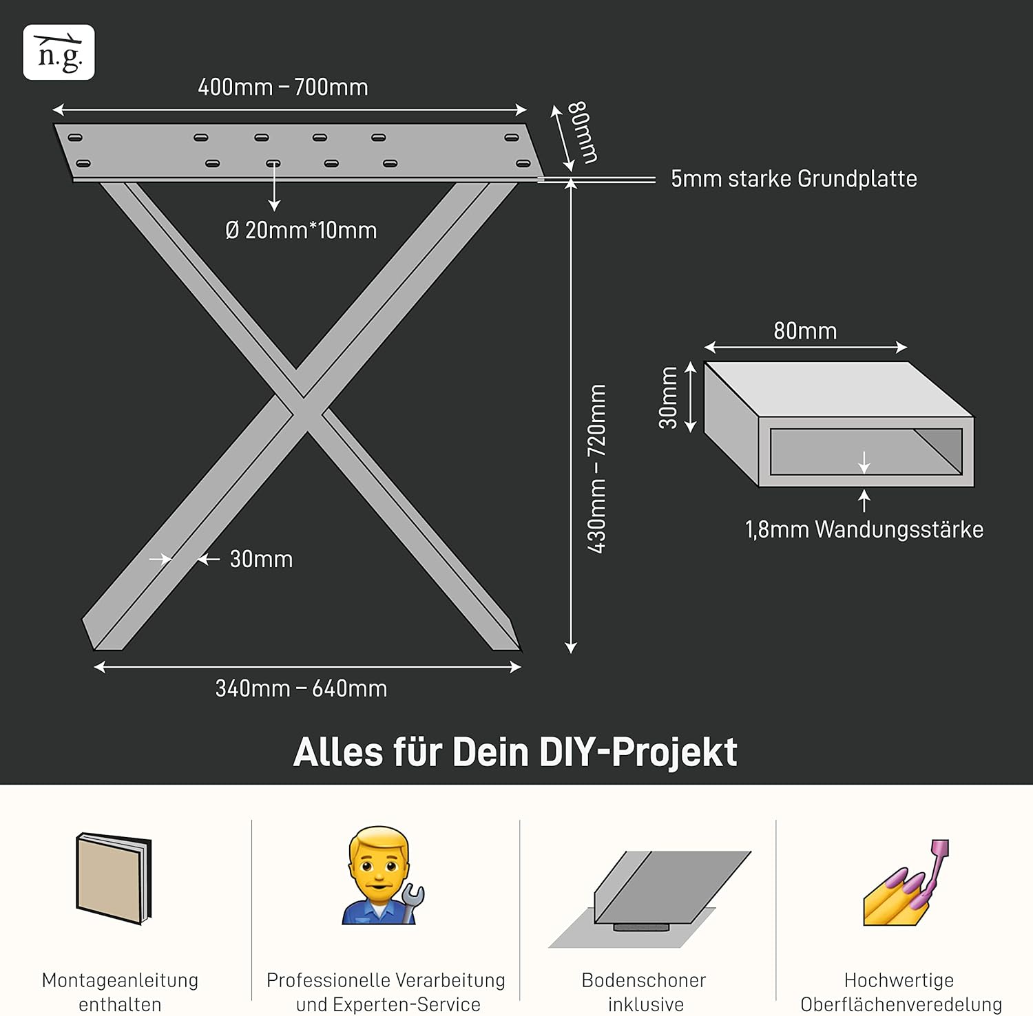 Natural Goods Berlin 2X Tischkufen X-Form Design Möbelkufen Metall Tischbeine scandic | Loft Tischgestell aus Stahl | Tischkuven, Hairpin Legs - Edelstahl, B70 x H72cm