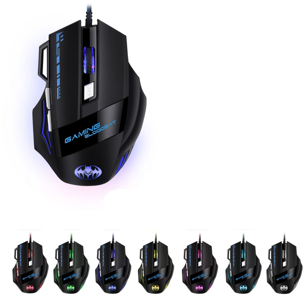 Optische USB Gaming Maus mit Kabel 3200 DPI mit RGB LED Beleuchtung und 7 Tasten - Schwarz