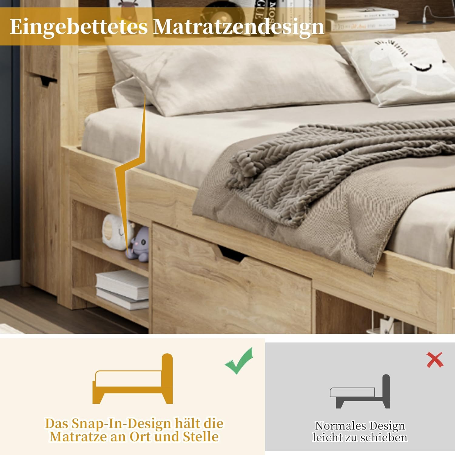 Holzbett Stauraumbett 90 x 200 cm, multifunktionales Tagesbett mit Nachtkästen, Regalen und Stauschränken, Einzelbett für Kinder und Jugendliche, Natur FK0021076