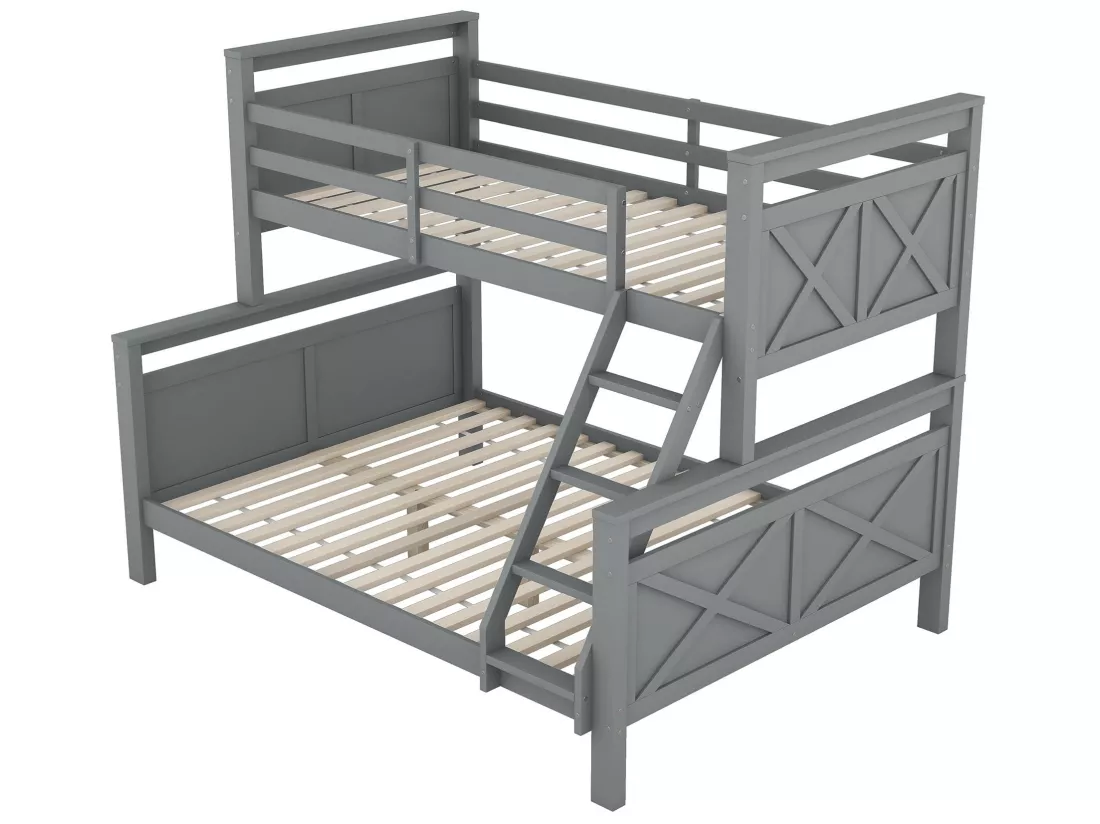 Lit superposé 3 places - 90 x 200 cm + 140 x 200 cm - Pin et MDF - Gris