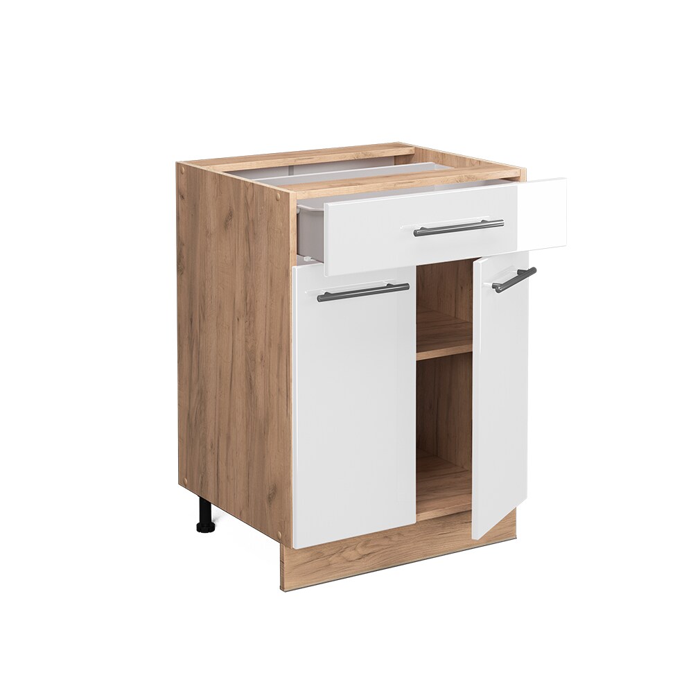 Vicco Schubunterschrank Küchenschrank Küchenmöbel Fame-Line Eiche Weiß modern 60 cm Küche Einbauküche Drehtür Schublade Einlegeboden Blende Küchenzeile Hochglanz
